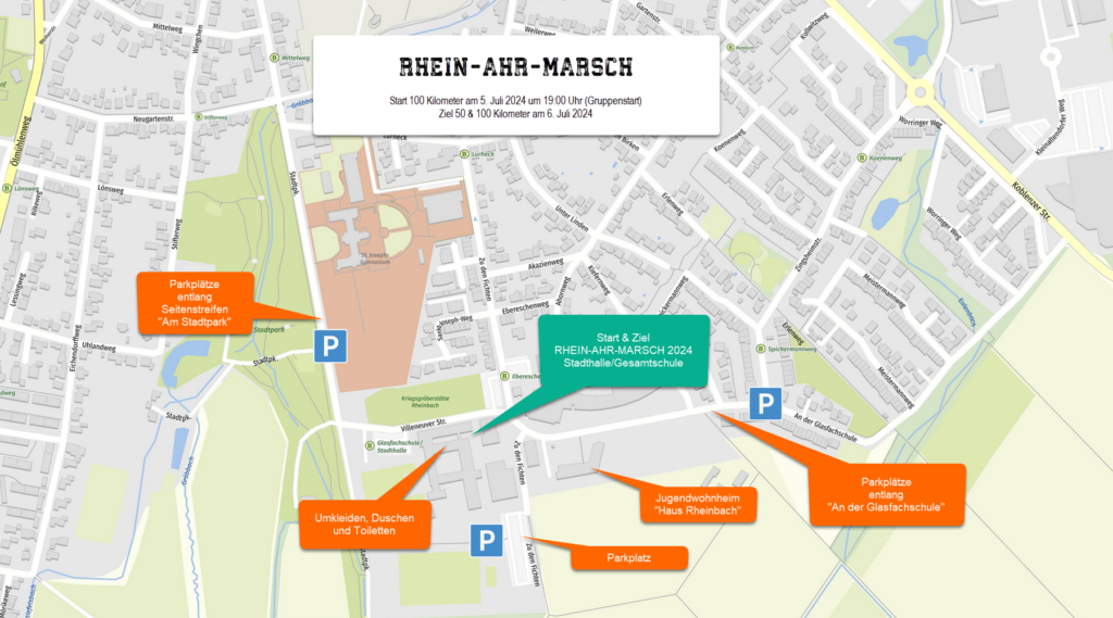 Skizze RHEIN-AHR-MARSCH Start 100 Kilometer Stadthalle Rheinbach